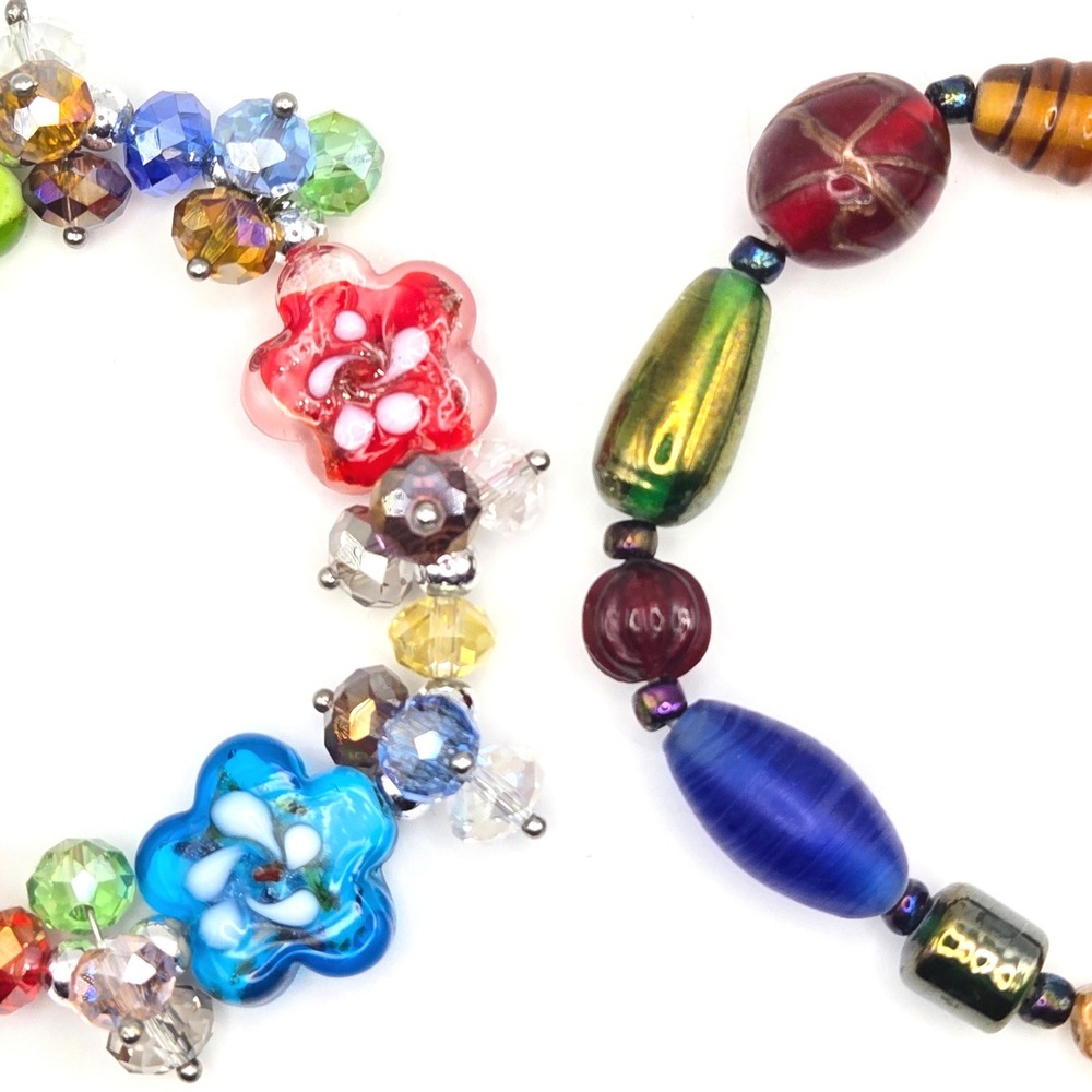 Handmade Lampwork Flower and Art Glass Bead Stretch‎ Bracelet Set Multicolored